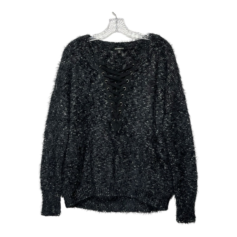 Express Women Black Fuzzy Metallic Lace Up V Neck Long Sleeve Sweater Size S‎
